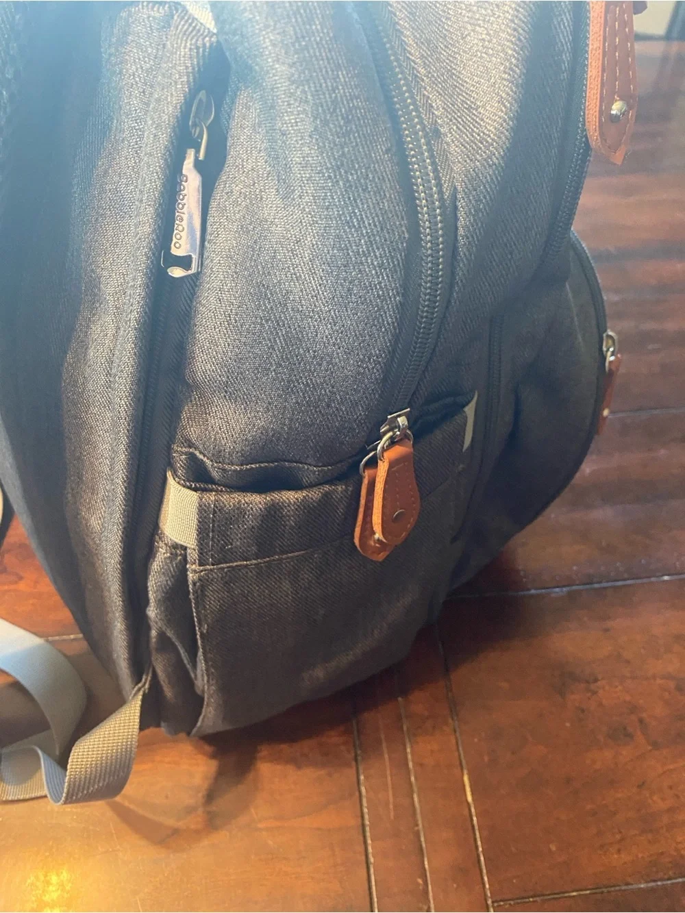 Gray Quilted Canvas Diaper Backpack with Brown Accents